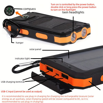 Solar Power Bank, 10000mAh USB Charger with Solar Panel, LED Flashlight, Compass, Data Cable and Backpack Hook
