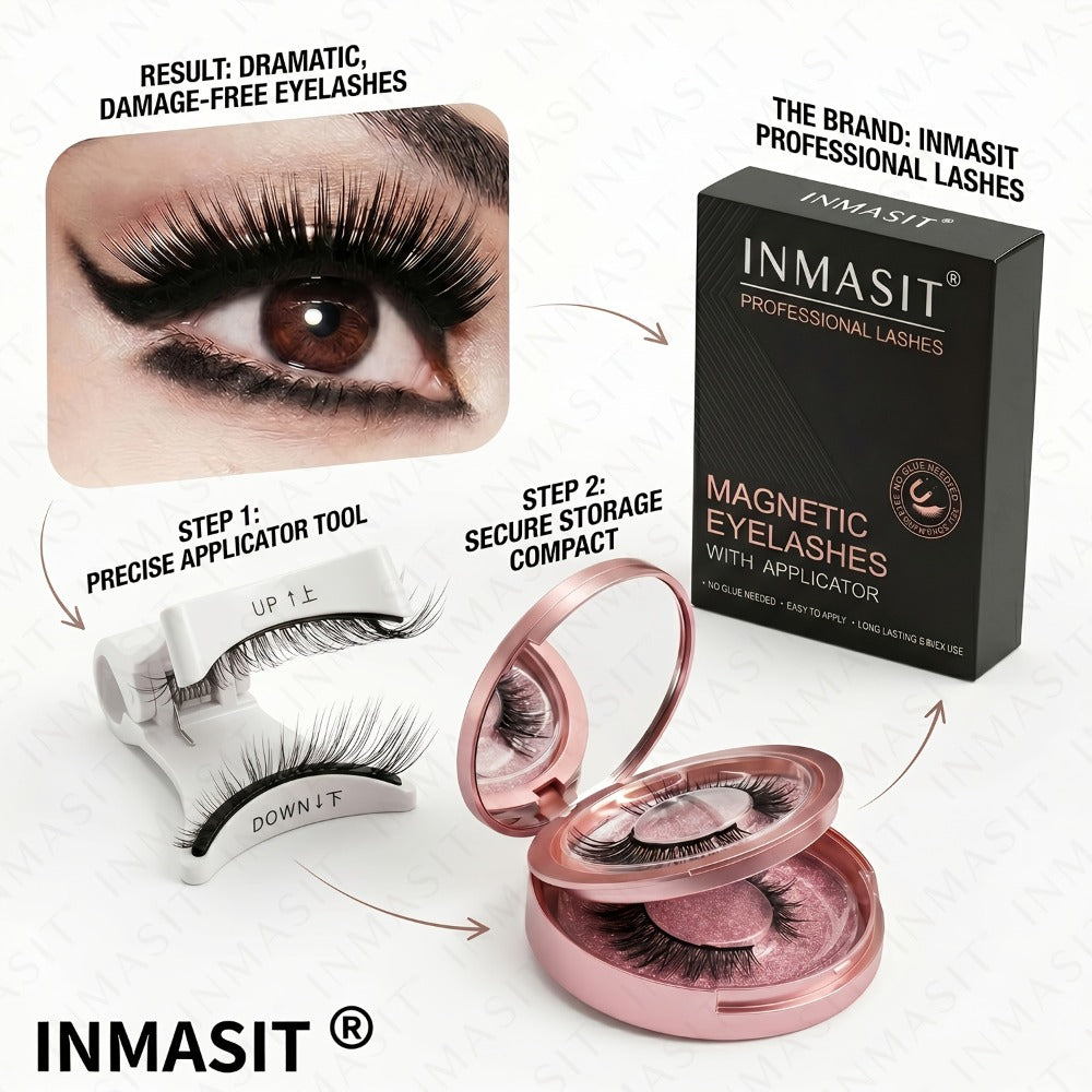 INMASIT Magnetic False Eyelashes Set with Round Storage Case and Applicator in Black or Pink