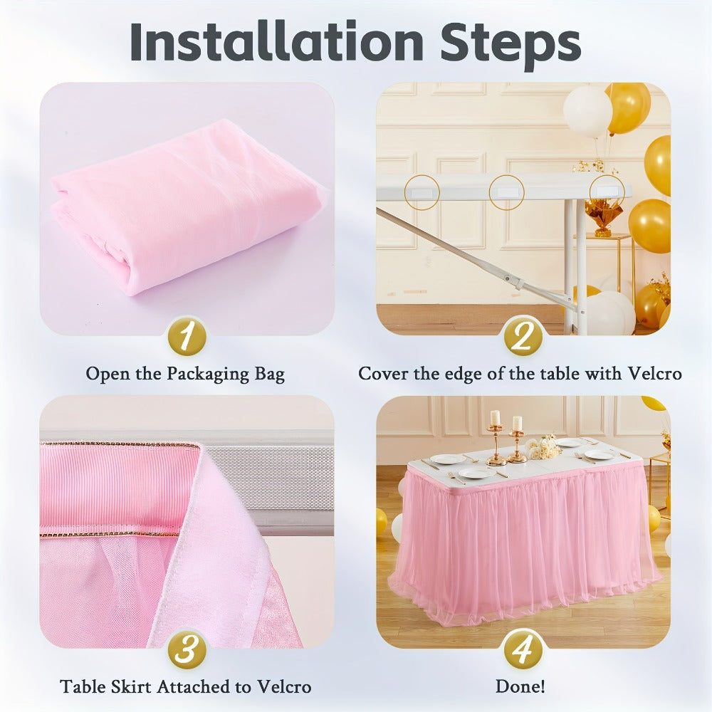 Pink Tutu Table Skirt 6ft – Ruffle Tulle Table Skirt for Rectangle & Round Tables, Princess Girls Birthday Party, Cake Dessert Table Decor, Gold Brim, Multiple Colors Available