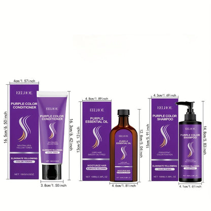 Three-Piece Purple Hair Care Set with Shampoo, Conditioner and Coordinated Argan Oil Bottle