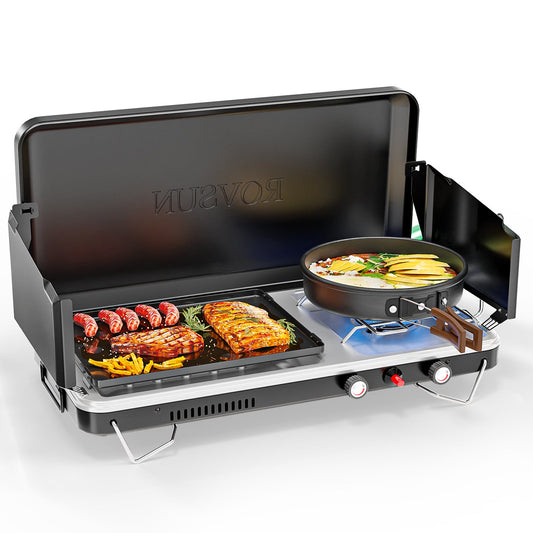 Camping Stove with Oven 2-in-1 – Portable Propane Double Burner 16,000 BTU & Outdoor Oven Combo with Auto-Ignition & Thermometer | Camping, Backyard & Picnic Cooking