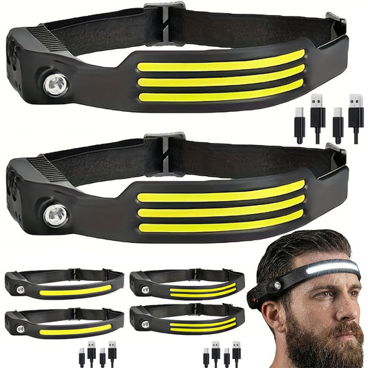 COB LED Headlamp 2 Pack 230° Wide Beam Motion Sensor Rechargeable Head Torch for Hiking Running Fishing Camping Hard Hat