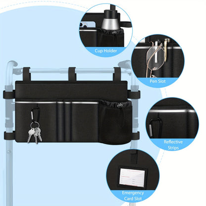 Six-Pocket Walker Tote Bag with Cup Holder, Reflective Strip and Three Color Options for Rollators