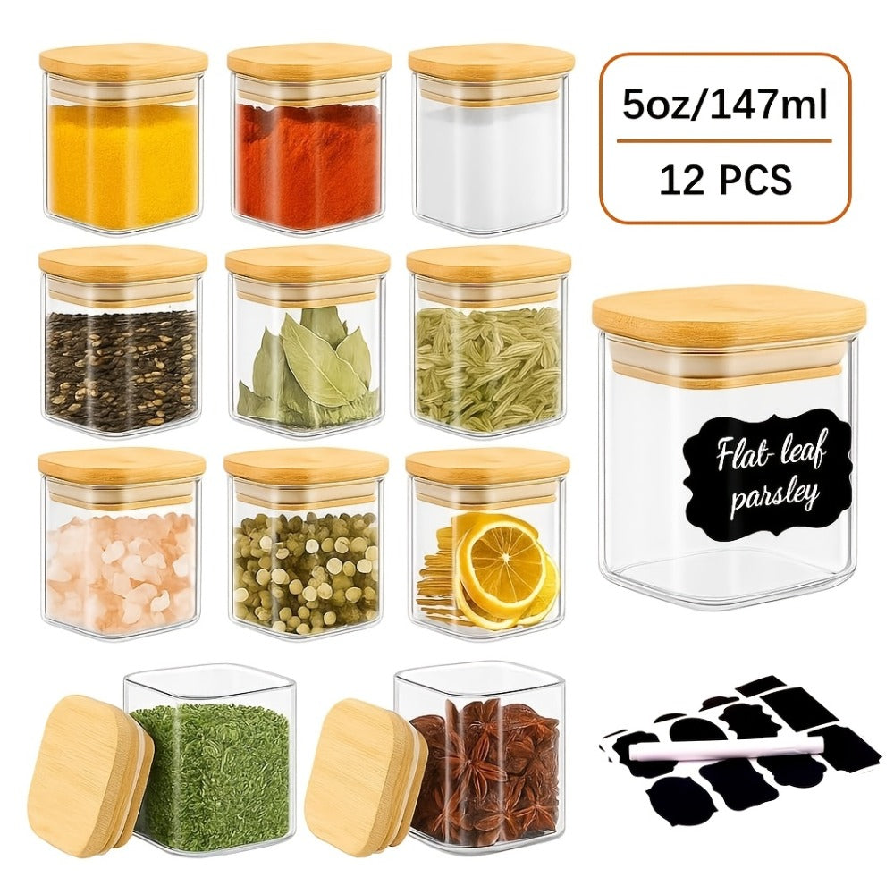 Twelve-Piece Square Glass Spice Jar Set with Bamboo-Style Lids, Labels and 7-Ounce Capacity