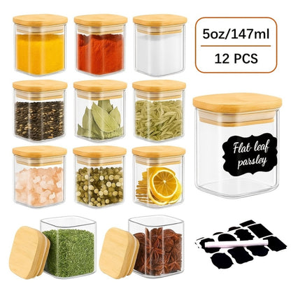 Twelve-Piece Square Glass Spice Jar Set with Bamboo-Style Lids, Labels and 7-Ounce Capacity