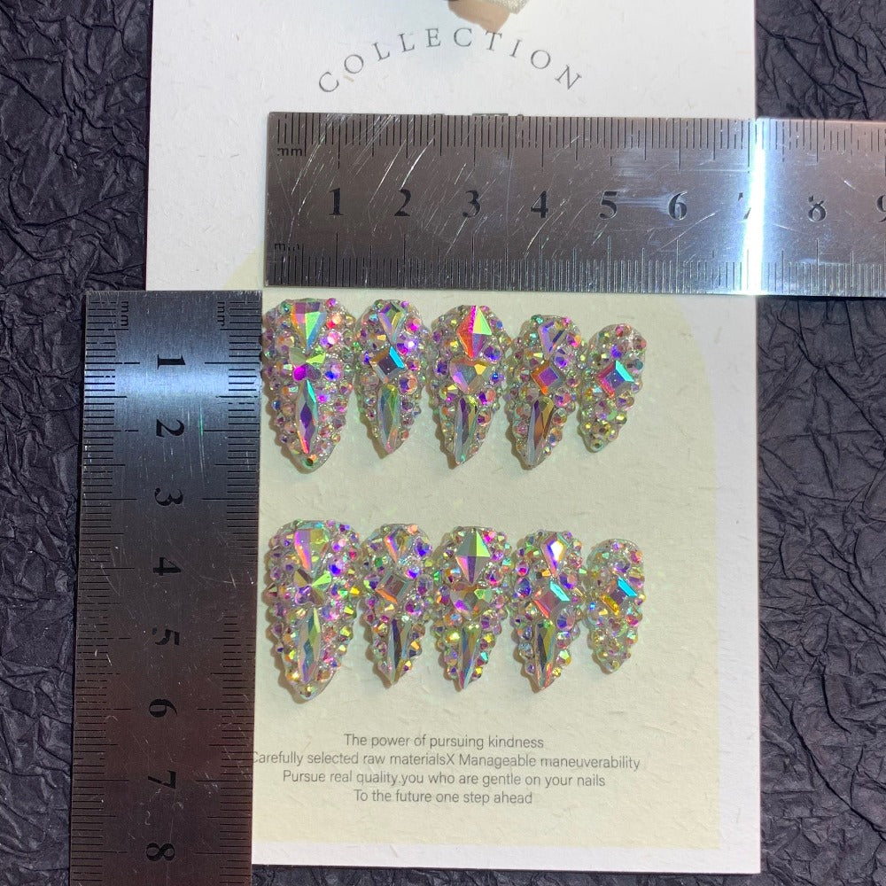 Press On Nails 10-Piece Medium Almond Glitter Color-Block Set with AB Crystal Rhinestones and Tool Kit