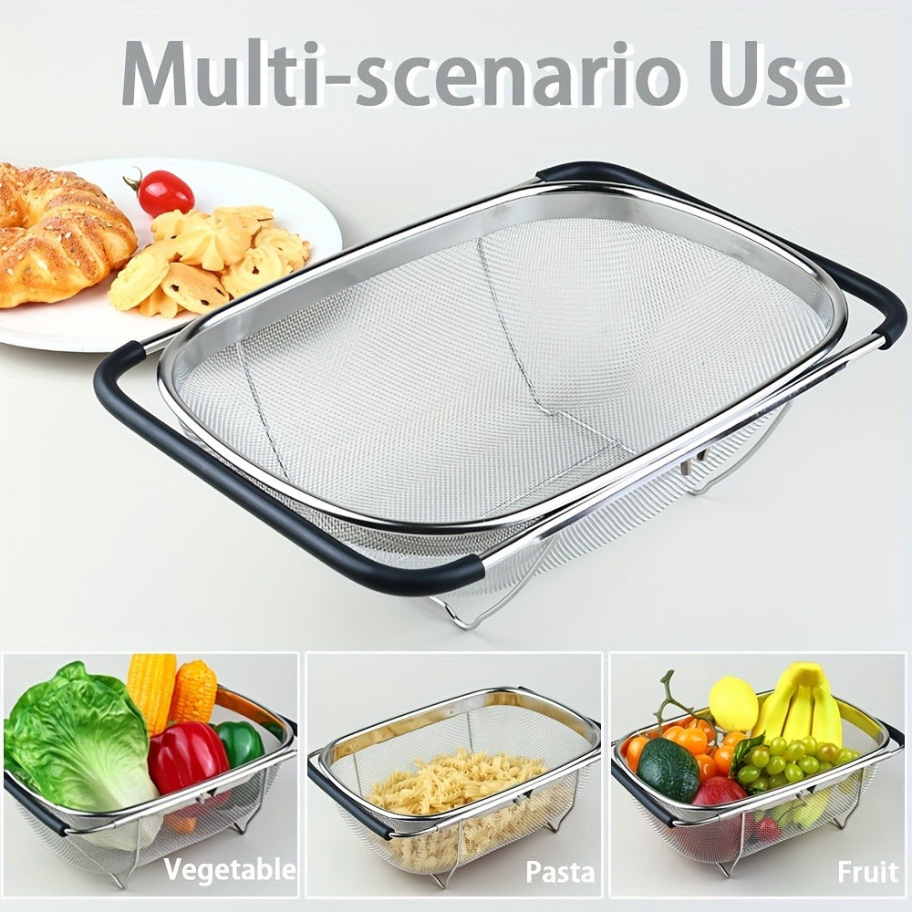 Expandable Sink Colander Stainless Steel, Over the Sink Strainer Basket with Fine Mesh & Rubber Grip