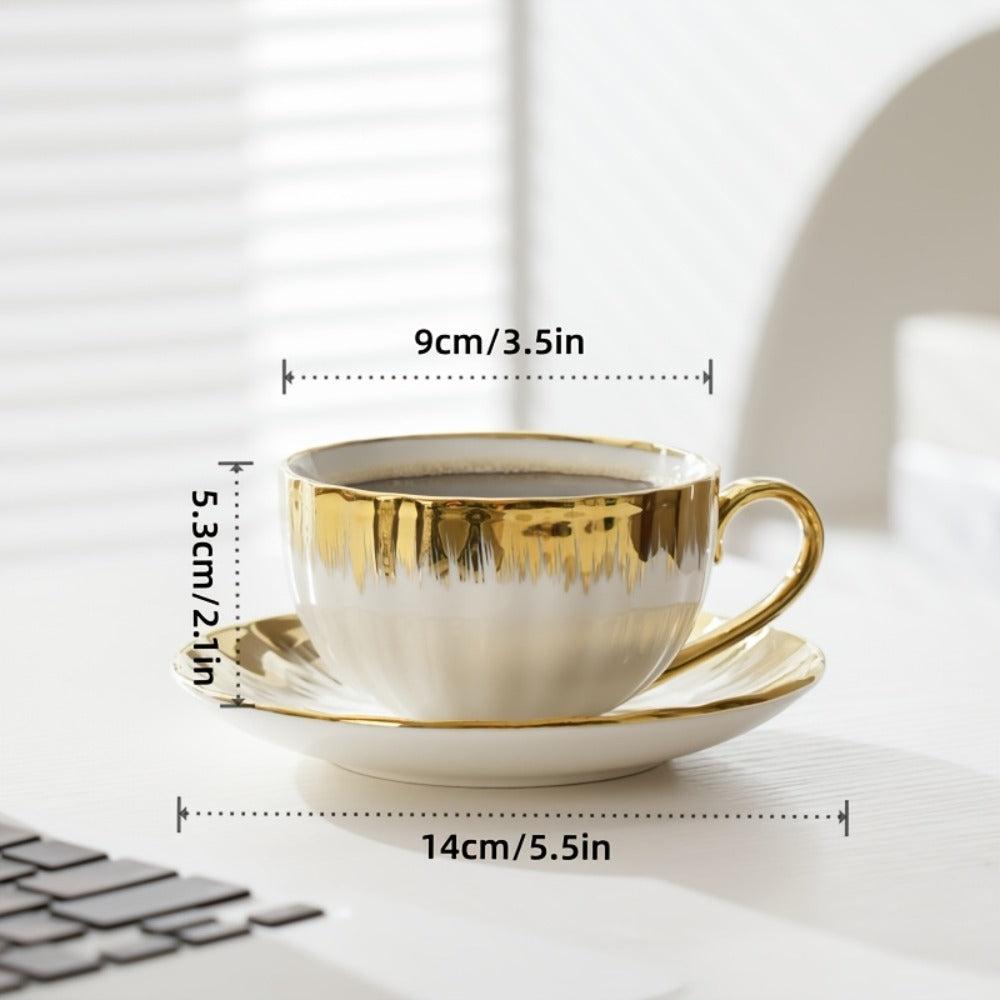 European-Style Coffee Cup and Saucer Set, Six 250 ml White and Gold-Trim Place Settings for Tea and Espresso