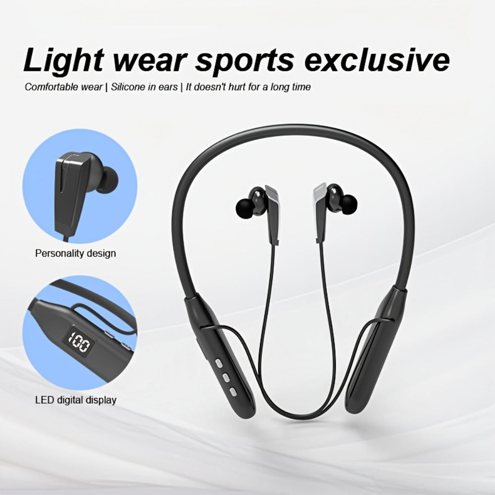 Neckband Sport Bluetooth Earphones Wireless In-Ear Flexible Neckband Extra Long Battery Life LED Display Running Gym Workout Calls Gaming Outdoor Activities Black