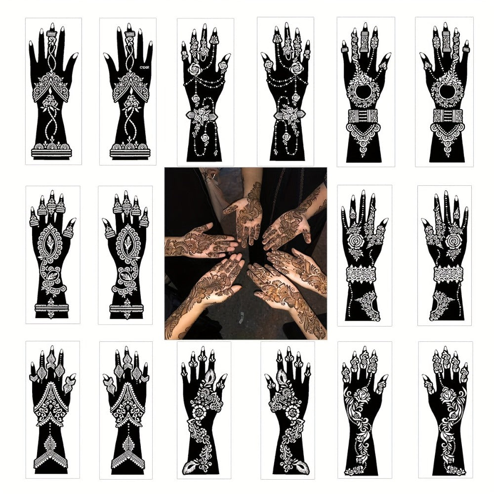 Eight-Piece Hand Tattoo Stencil Set with Long Henna-Style Floral Patterns in SM012 or SM013