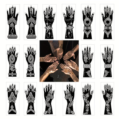 Eight-Piece Hand Tattoo Stencil Set with Long Henna-Style Floral Patterns in SM012 or SM013