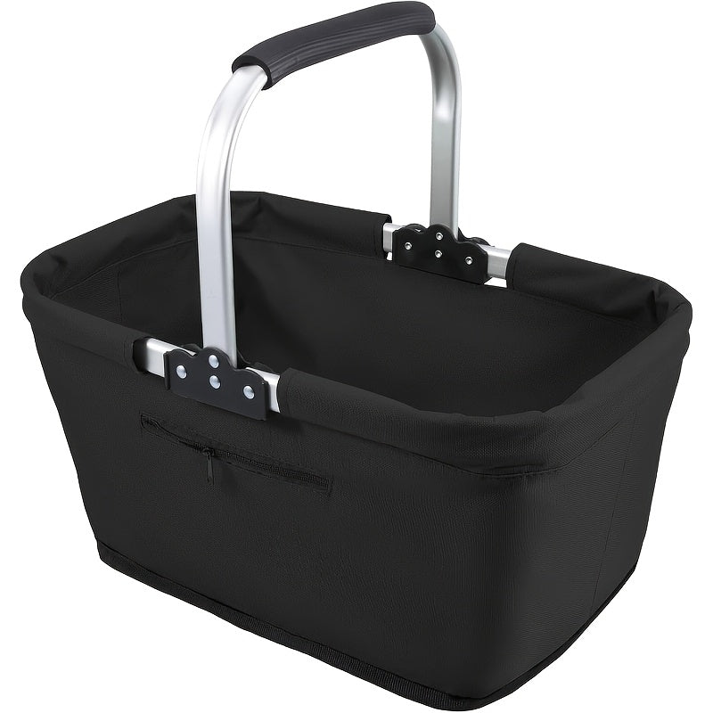 Foldable Insulated Picnic Tote Basket with Oxford Cloth Body, Aluminum Frame and Zippered Pocket