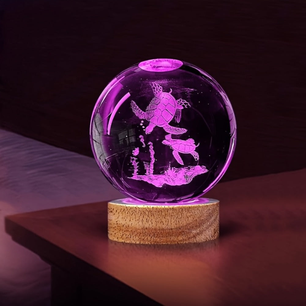 Night Light 2.36-Inch Sea Turtle Crystal Orb Lamp with Color-Changing LED and Wood-Tone Round Base