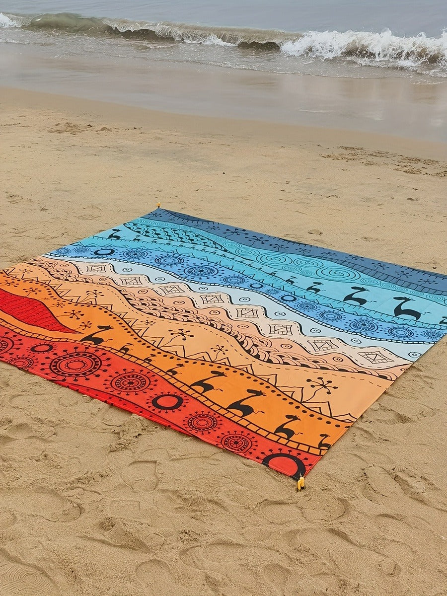 205 x 198cm Picnic Blanket with Orange, Aqua and Black Bohemian Animal Print and Matching Zip Carry Bag