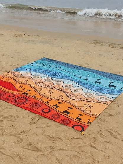 205 x 198cm Picnic Blanket with Orange, Aqua and Black Bohemian Animal Print and Matching Zip Carry Bag