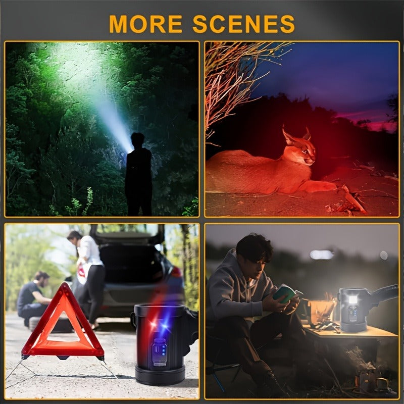 Flashlight IPX4 Solar and USB Rechargeable Searchlight with Six Modes and Three Color Filters