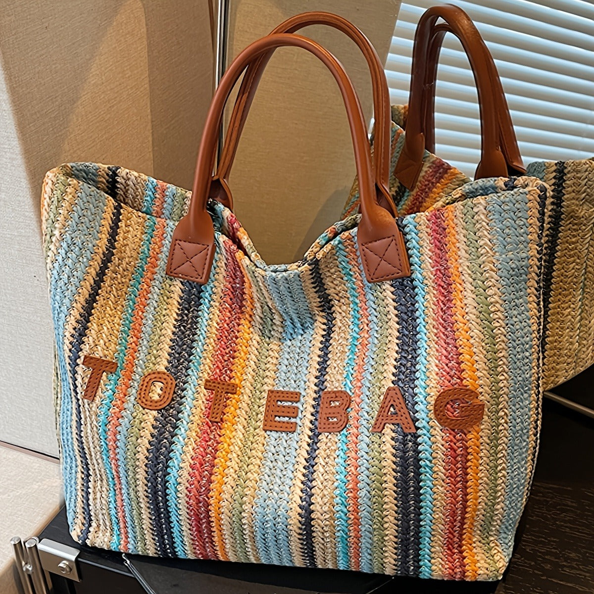 Striped Woven Tote Bag with Letter Detail, Open Top and Black, Green or Brown Handle Options