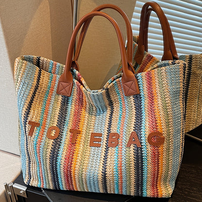 Striped Woven Tote Bag with Letter Detail, Open Top and Black, Green or Brown Handle Options