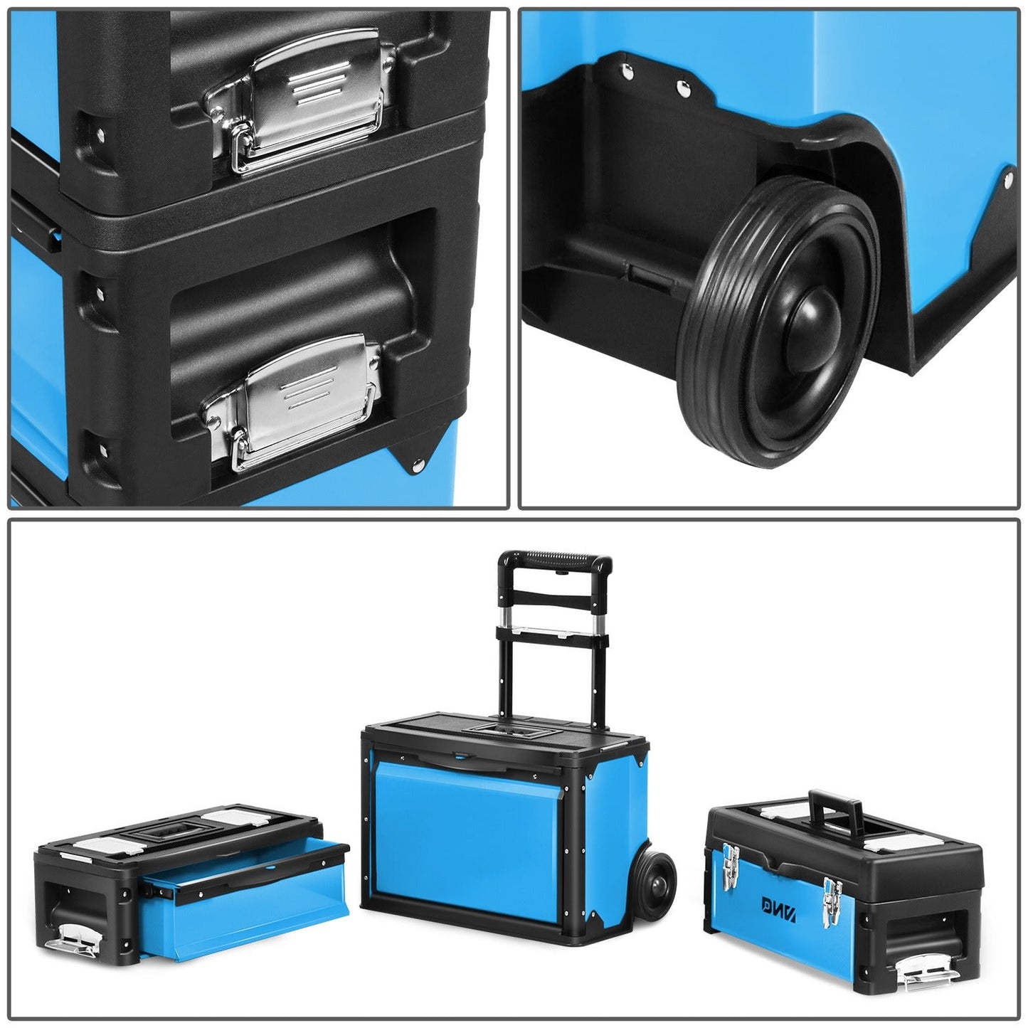 Rolling Tool Box 3-Tier Stackable Portable Toolbox with Wheels 19.5x12x28.5 Inch Steel PP 3-in-1 Detachable Compartments Metal Latches Extendable Handle for Home Workshop Garage Job Site