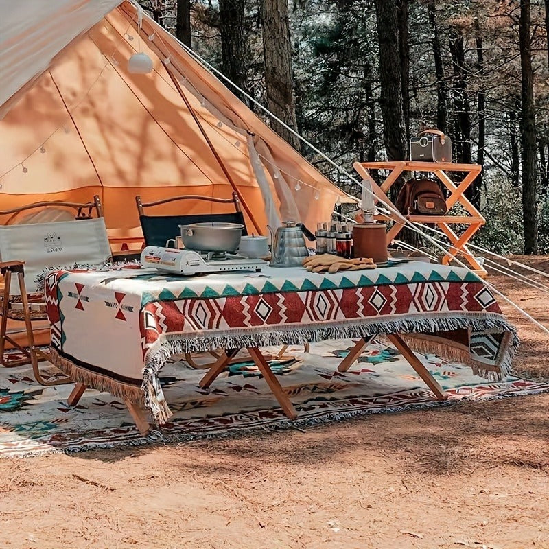 Woven Picnic Blanket with Cream Geometric Bohemian Pattern and 35.43 x 70.86 or 51.18 x 70.86-Inch Sizes