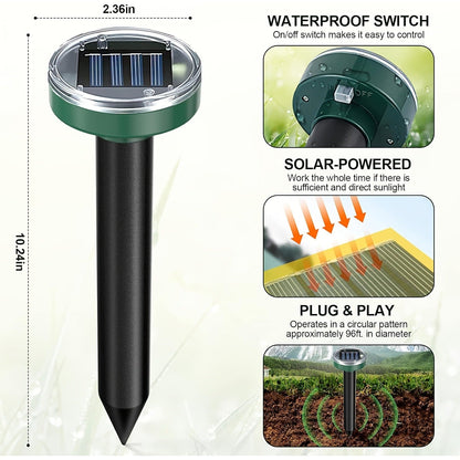 Solar Ultrasonic Pest Repeller Outdoor Waterproof Rodent Repellent Stake for Yard Garden Farm Mole Snake Skunk Dog Deterrent Device IP44 2/4/6/10 Pack