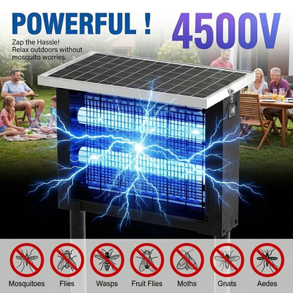 Rectangular Solar Bug Zapper with Blue Grid Light, Panel Top, Ground Stand and Hanging Chain in Black