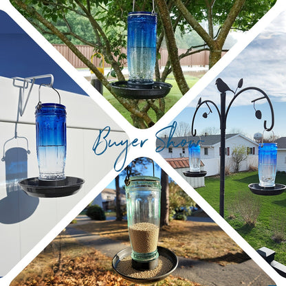 Bird Waterer Outdoor Hanging Glass Wild Bird Water Dispenser with Metal Handle - Gravity Fed Garden Yard Patio Tree Bird Feeder for Cardinals Blue Jays Finches Sparrows Bird Lover Gift