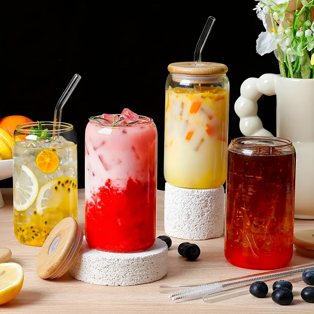 Drinking Glasses Set with Lid and Straw 550ml Oval Glass Cups 4 or 6 Piece – Iced Coffee Smoothie Bubble Tea Juice Tumbler Set for Home Entertaining Gifting