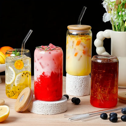 Drinking Glasses Set with Lid and Straw 550ml Oval Glass Cups 4 or 6 Piece – Iced Coffee Smoothie Bubble Tea Juice Tumbler Set for Home Entertaining Gifting