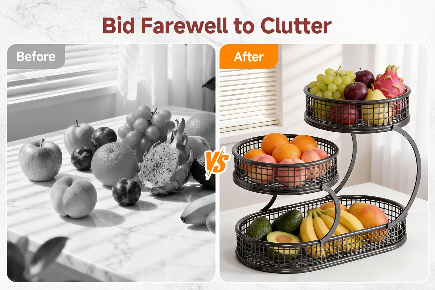 Countertop Fruit Bowl 3-Tier Round Metal Wire Stand | Kitchen Storage Organizer for Fruits Vegetables Bread Snacks | Space-Saving Produce Rack
