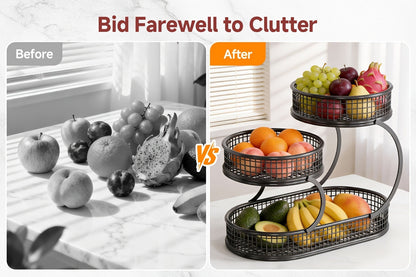 Countertop Fruit Bowl 3-Tier Round Metal Wire Stand | Kitchen Storage Organizer for Fruits Vegetables Bread Snacks | Space-Saving Produce Rack