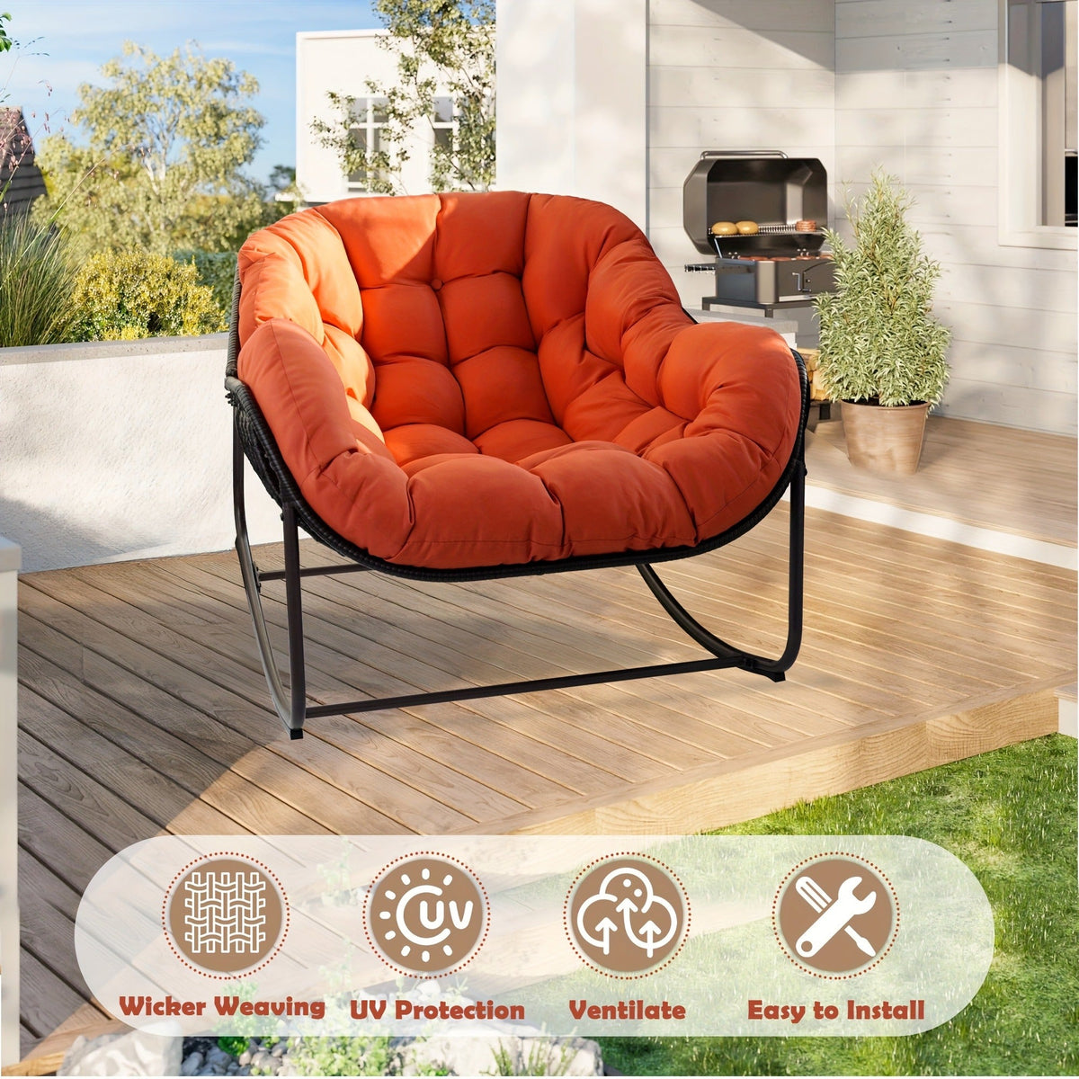 Papasan Rocking Chair Outdoor Wicker Egg Chair with Cushion & Pillow, Large Patio Rocker for Garden