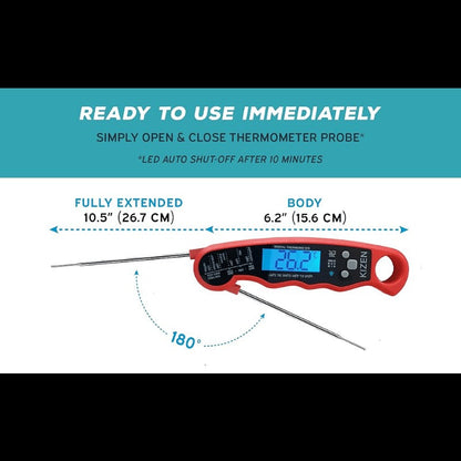Red and Black Folding Digital Food Thermometer with Backlit Display, Calibration Mode, Unit Switch and Hanging Loop