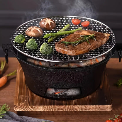 Cast Iron Charcoal Grill Round Portable, Mini BBQ Grill with Wooden Board & Stainless Steel Mesh Tray, Compact Tabletop Charcoal Grill for Outdoor Camping, Pizza, Tea Cooking & Family BBQ