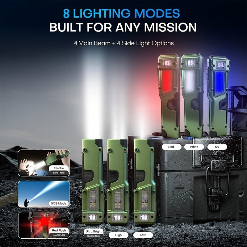EDC Tactical Flashlight Set 2-Pack - Flat LED Torch + Mini Backup Light, 8 Modes LCD Display, USB-C Rechargeable, Aluminum Body with Back Clip for Camping, Survival & Gift