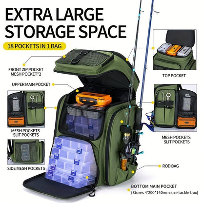 Black Camouflage Fishing Backpack with Twin Shoulder Straps, Front Zip Compartments and Side Rod Loops