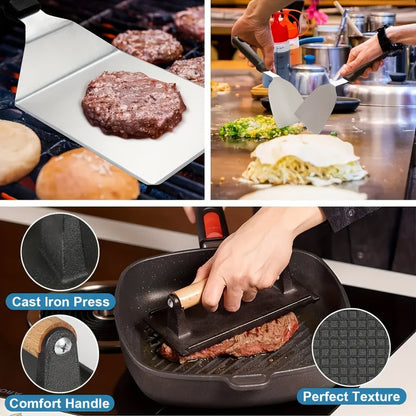 BBQ Tool Set Stainless Steel Grill Accessories Kit with Meat Thermometer Teppanyaki Press Board for Outdoor Camping Home Kitchen Party