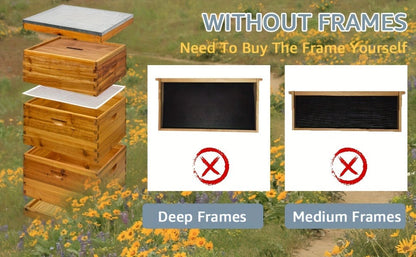 Three-Layer Langstroth-Style Beehive Box Kit with Two Deep Boxes, One Medium Box and Metal-Topped Cover