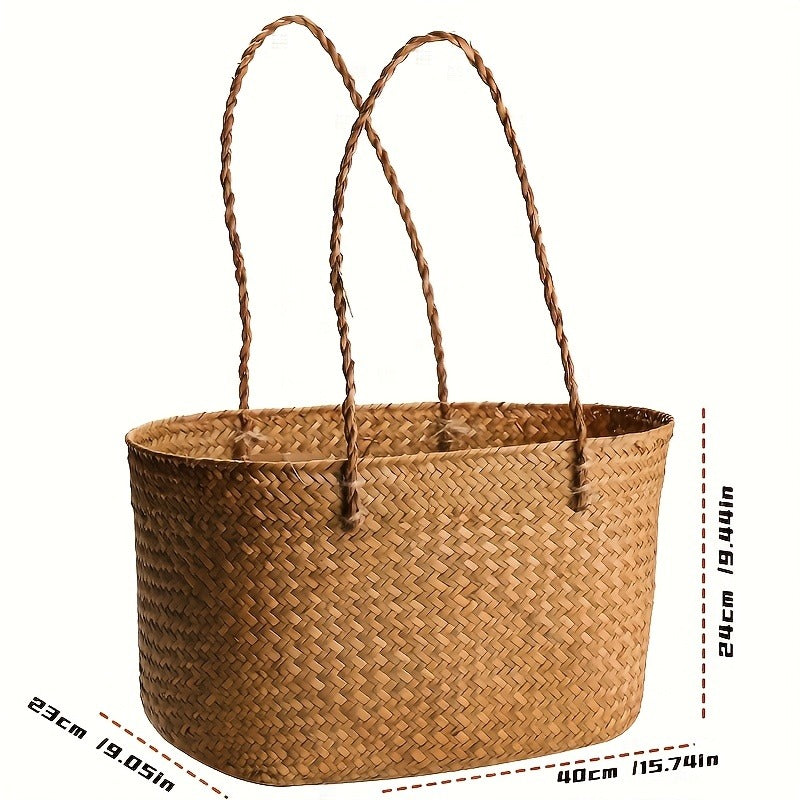 Straw Picnic Basket with Long Handles – Large Hand-Woven Vintage Shopping Basket for Beach, Outdoor Picnics & Rustic Home Decor Storage