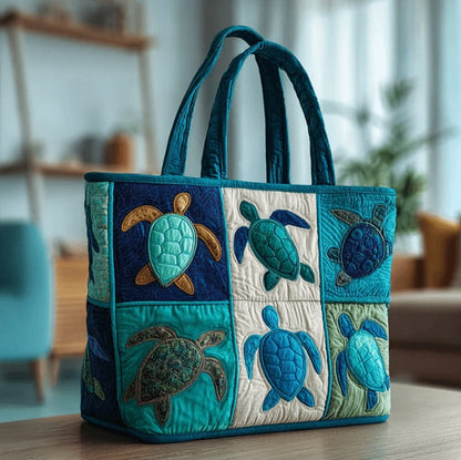 Sea Turtle Patchwork Tote Bag with Quilted Panels, Teal Handles and 17 x 15.75-Inch Checkout Size