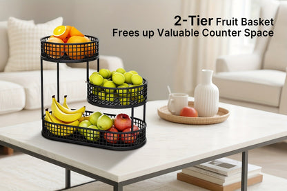 Three-Tier Black Wire Fruit Basket with Staggered Round Bowls and Rectangular Countertop Base