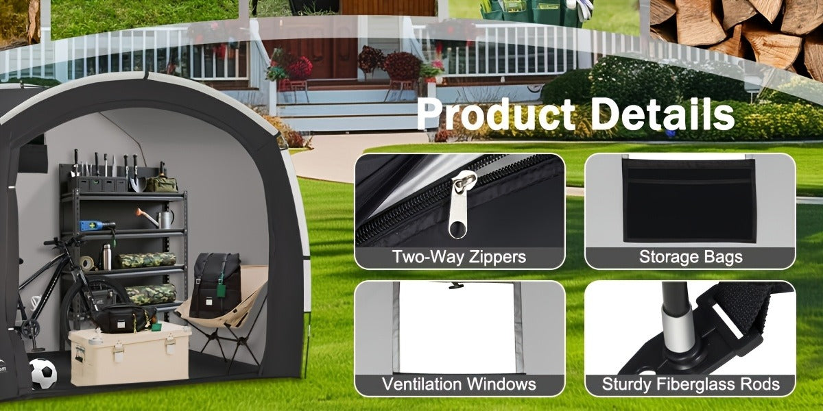 Portable Outdoor Storage Tent with Zipper Door, Carry Bag and 86 x 59 x 73-Inch Black Frame Shelter