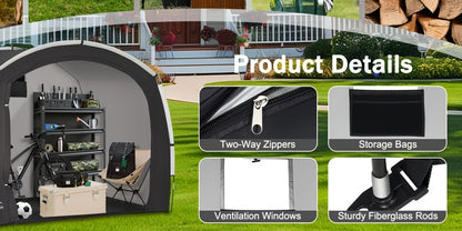 Portable Outdoor Storage Tent with Zipper Door, Carry Bag and 86 x 59 x 73-Inch Black Frame Shelter