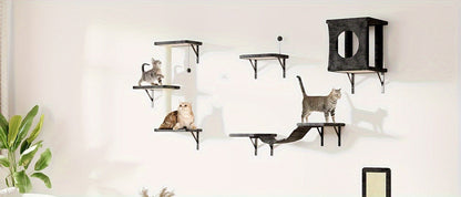 Five-Piece Wall-Mounted Cat Furniture Set with Open Perches, Suspended Bridge and Enclosed Cube