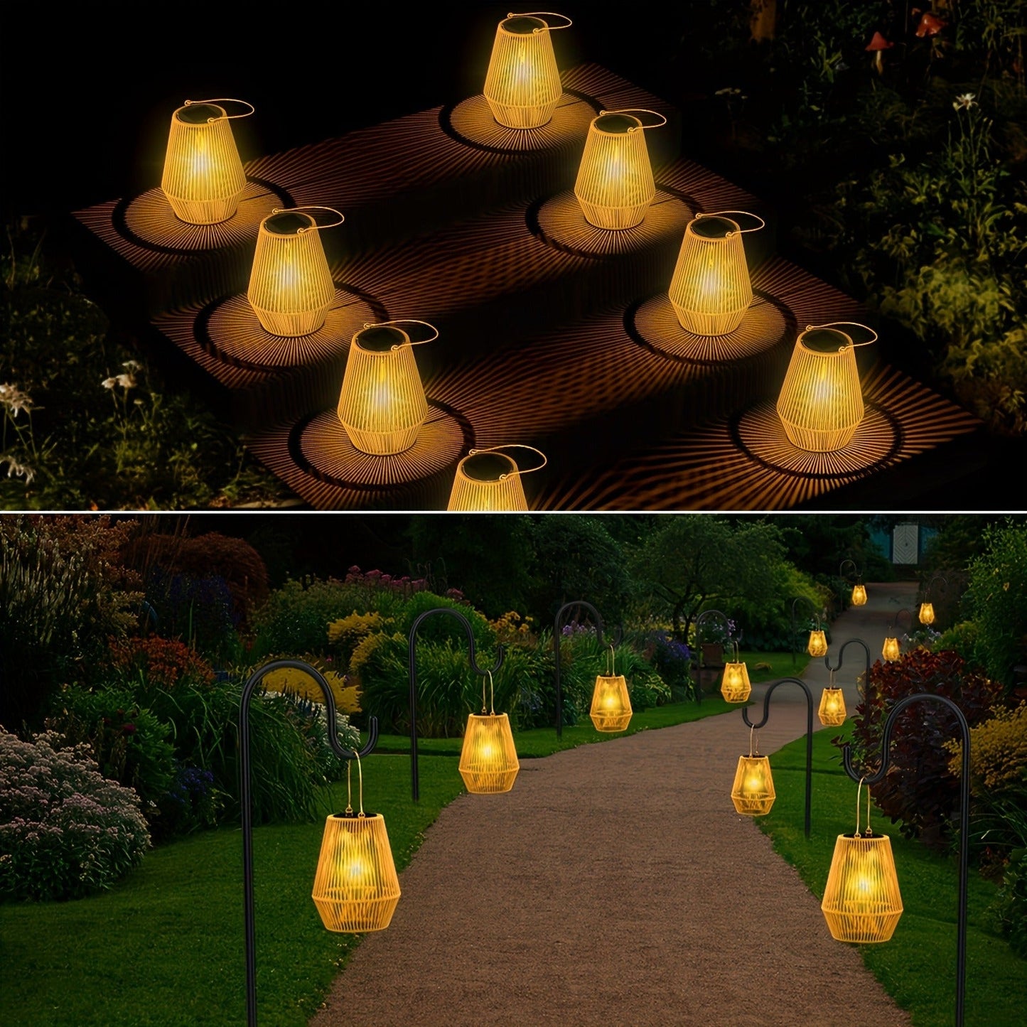 Solar Outdoor Lights Bohemian Bamboo Hanging Lanterns, Warm White, 1/2/4 Piece Sets for Patio Decor