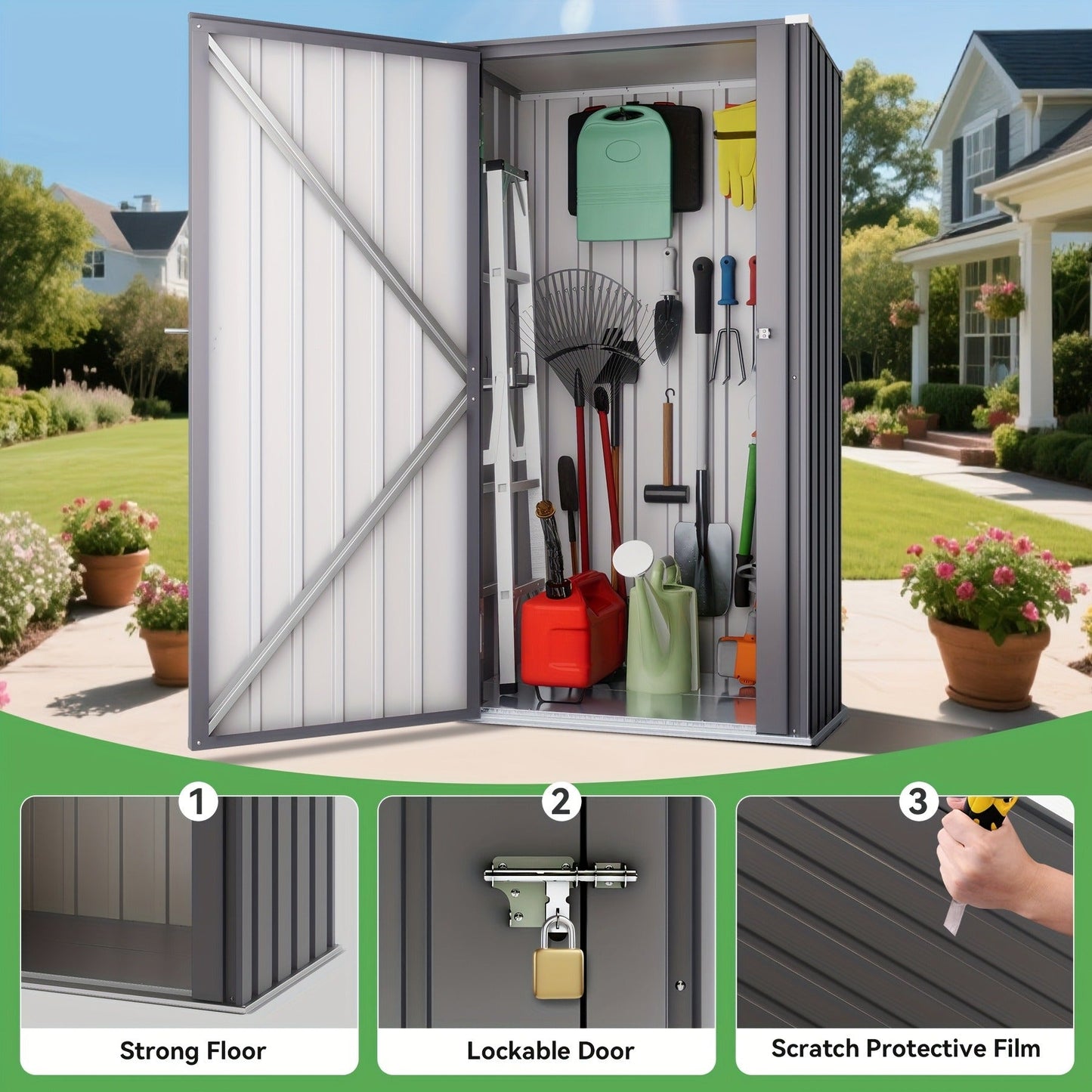 Metal Outdoor Storage Cabinets with Shelf-Equipped Tall or Low Models and 3 x 2 x 4.6 Ft Shed Option
