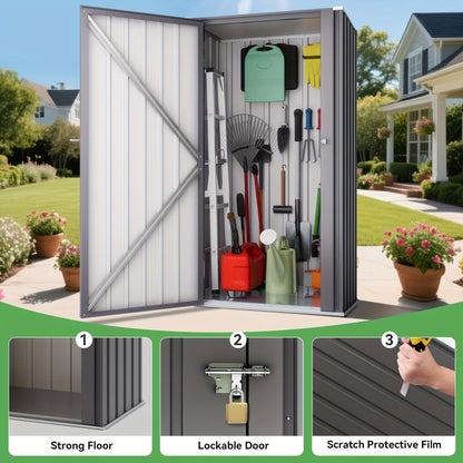 Metal Outdoor Storage Cabinets with Shelf-Equipped Tall or Low Models and 3 x 2 x 4.6 Ft Shed Option