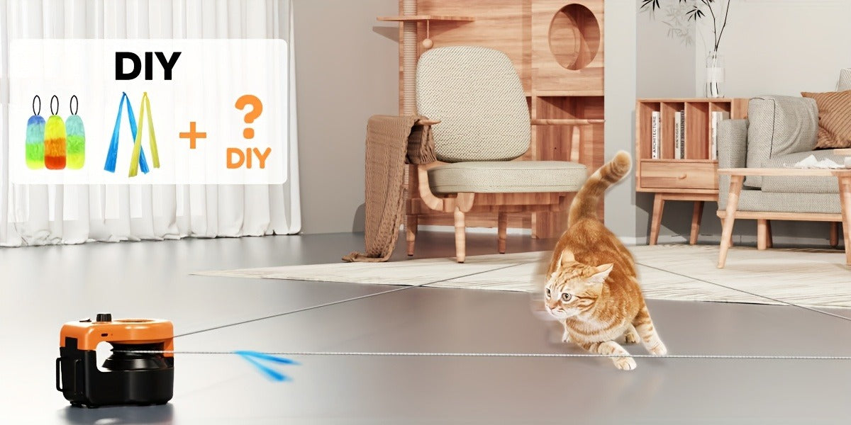 Interactive Cat Toy Auto & Remote Control - Electric Feather Mouse Lure Coursing Machine with DIY Track, Mouse Sounds, Auto Timer, Boredom Buster for Indoor Cats Kittens, 2 Speed Modes
