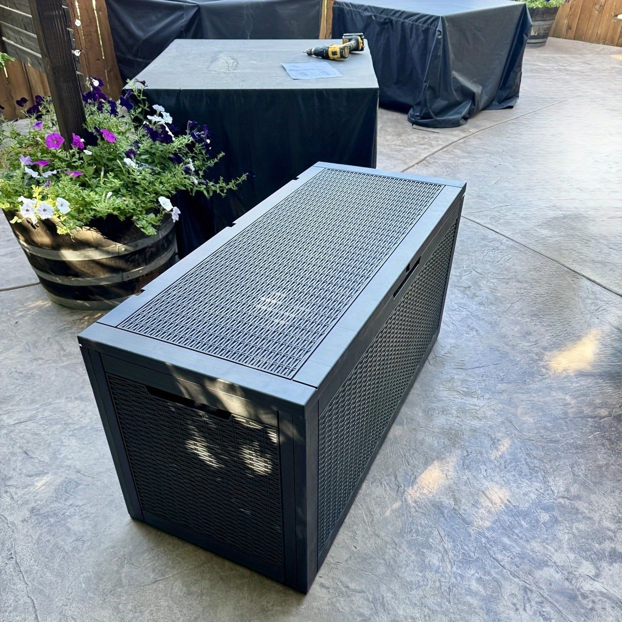 Large Gray Rattan-Look Outdoor Storage Box with 110-Gallon Pictured Capacity, Handles and Hinged Lid