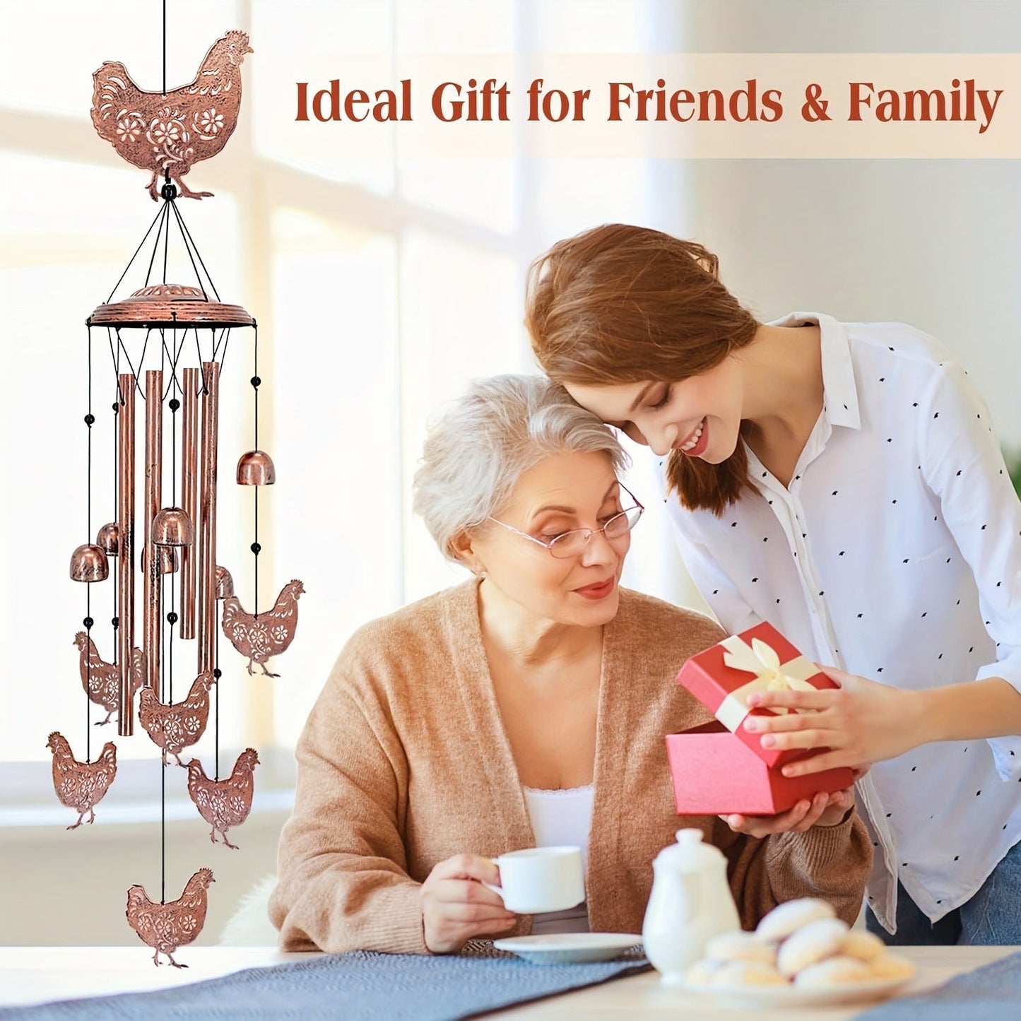 Chicken Wind Chime with Seven Pictured Chicken Shapes, Six Bells and Four Hanging Tubes for Porch or Garden Decor